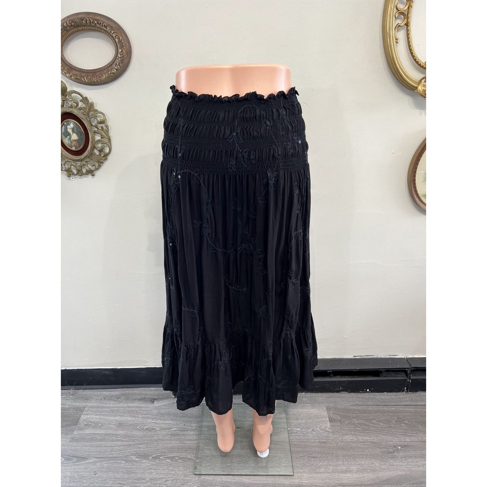 Coolchange Black Smocked Waist Floral Embroidered Sequin Midi Skirt Size S/M